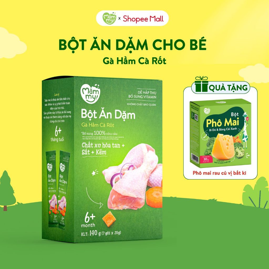 Bột ăn dặm vị gà hầm cà rốt Mămmy bổ sung Vitamin, Sắt, Kẽm và chất xơ hòa tan cung cấp 100% nhu cầu