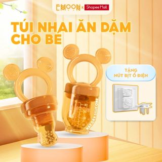 Túi nhai ăn dặm cho bé Emoon silicone bạch kim an toàn, chống hóc tích hợp đầu gặm nướu