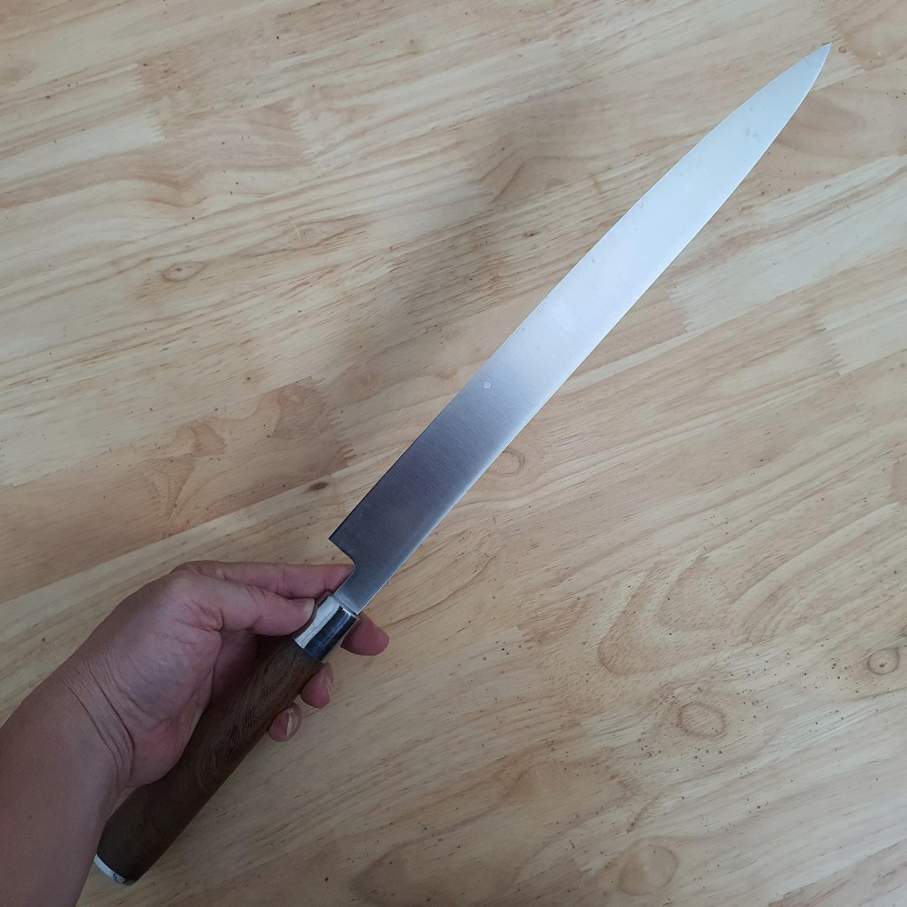 Dao Sashimi Nhật XẢ KHO Dáng Dài – Lưỡi Thép Bóng Sáng, Cán Gỗ Cầm Chắc, Cắt Lát Siêu Mượt