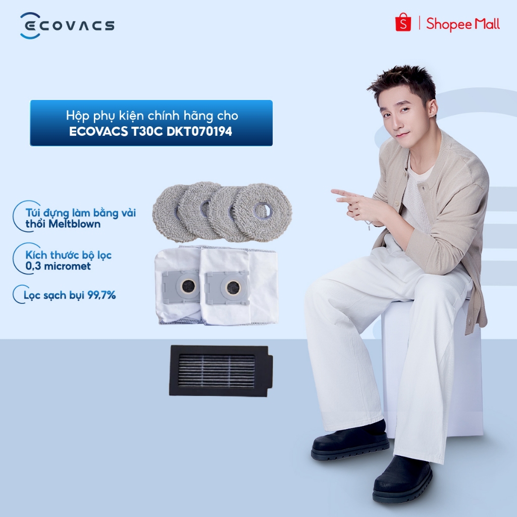 Hộp phụ kiện chính hãng cho Ecovacs T30C/ T30C Gen 2 DKT070194 | Bộ lọc | Túi rác | Giẻ lau