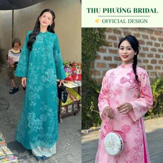 Áo Dài Cách Tân 4 tà dáng suông mẫu " Bích Sư" thiết kế thêu họa tiết kỳ lân trên nên vải tơ cao cấp