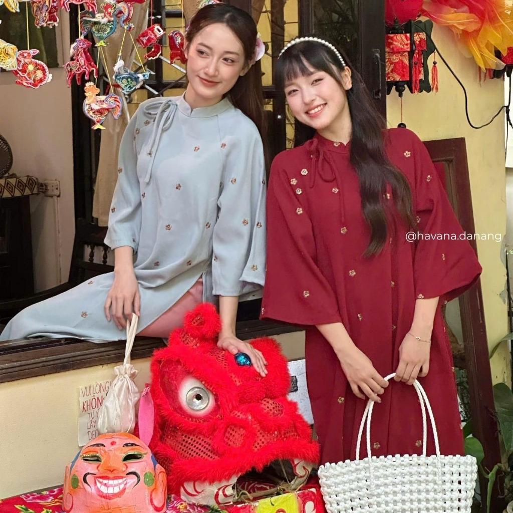 (HAVANA) CÓ BIGSIZE - Áo dài nhung chéo ĐƯỜNG DAO thêu hoa kèm quần nhung  AD186 | BigBuy360 - bigbuy360.vn