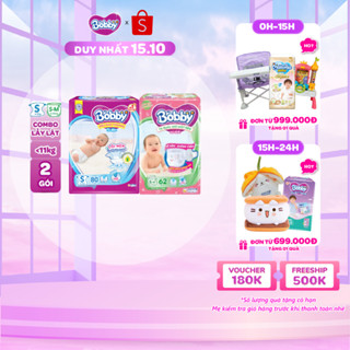 Combo lẫy lật gồm 01 gói Tã dán Bobby S80 miếng và 01 gói Tã quần mở một bên S-M 62 miếng