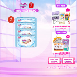 Bộ 4 gói Khăn ướt Bobby không mùi 100 tờ/gói (Xanh)