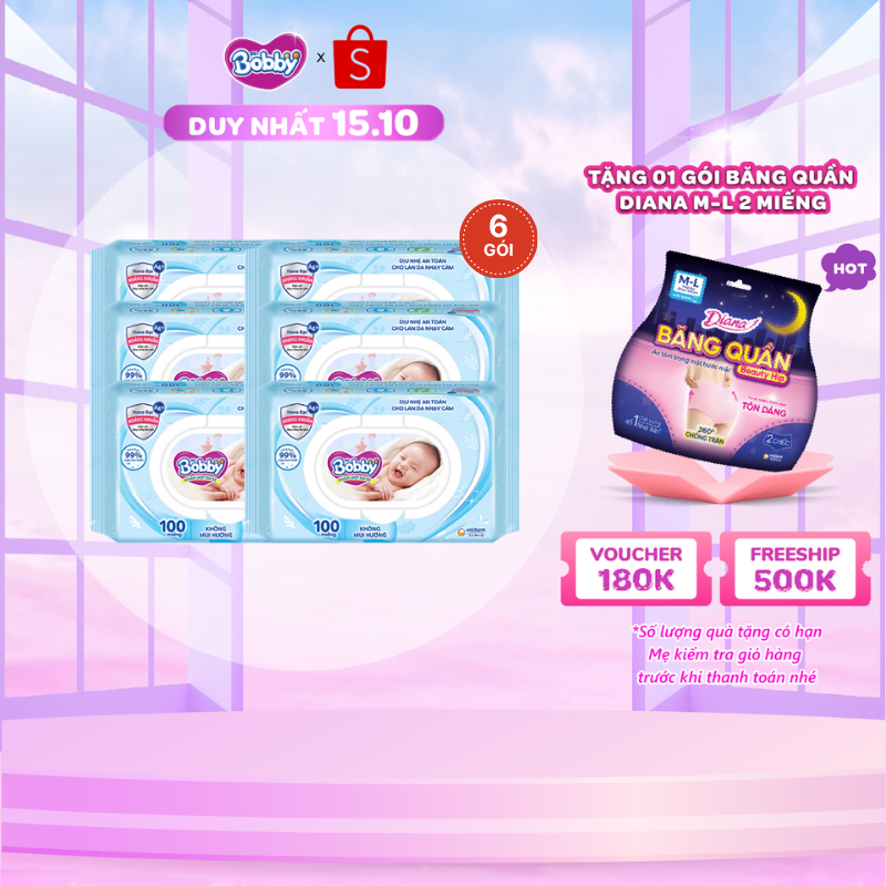 Bộ 6 gói Khăn ướt Bobby không mùi 100 tờ/gói (Xanh)