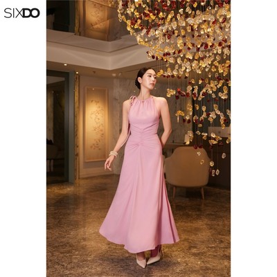 Đầm hồng cổ yếm nhún eo SIXDO (Pink Megashi Flared Dress)
