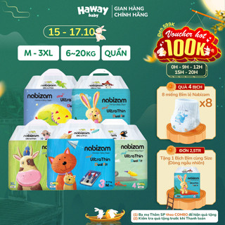 Combo 4 Tã Bỉm QUẦN NABIZAM Ultra Thin M32/L30/XL26/2XL22/3XL20 Cho Bé 6-25kg, Nội Địa Hàn, Mềm Mại, Mỏng Nhẹ HAWAY