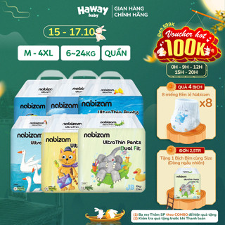 Combo 4 Tã Bỉm Quần NABIZAM ULTRA THIN 4 Mùa, Mềm Mại, Thấm Hút Vượt Trội Size M-4XL Cho Bé 6-24kg+ HAWAY