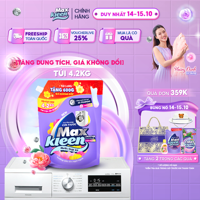 [TĂNG DUNG TÍCH, GIÁ KHÔNG ĐỔI] Túi CỰC ĐẠI Nước Giặt Xả MaxKleen chuyên dụng Cửa Trước 4.2kg Hương Dấu ấn ngọt ngào
