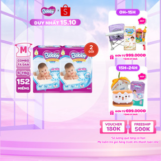 Combo 2 tã dán Bobby S80/M76/L68/XL62/XXL56 mới- Lõi nén cotton-soft 3mm