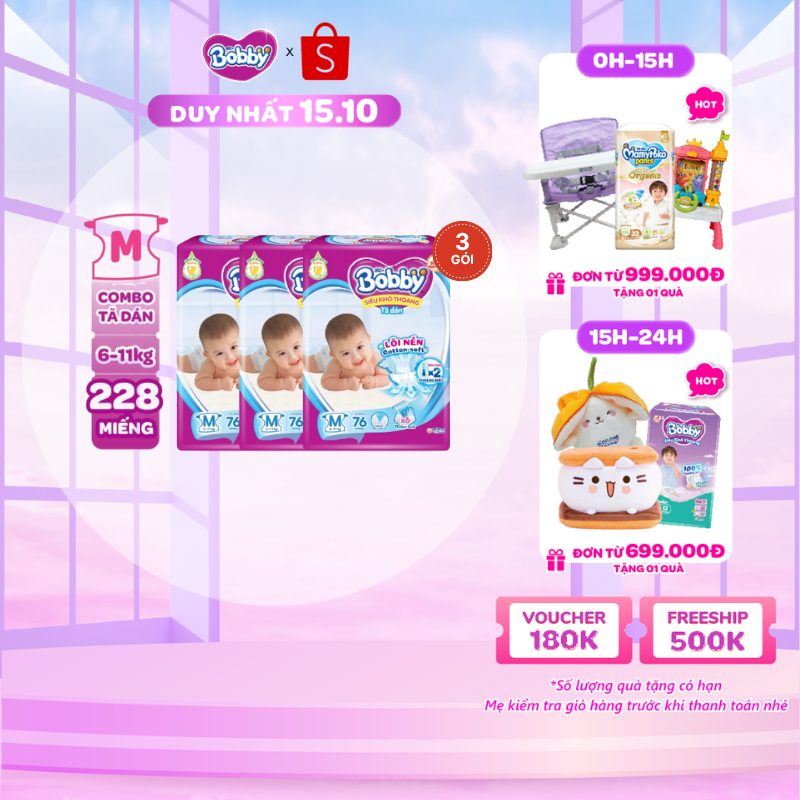 Combo 3 tã dán Bobby S80/M76/L68/XL62/XXL56 mới- Lõi nén cotton-soft 3mm