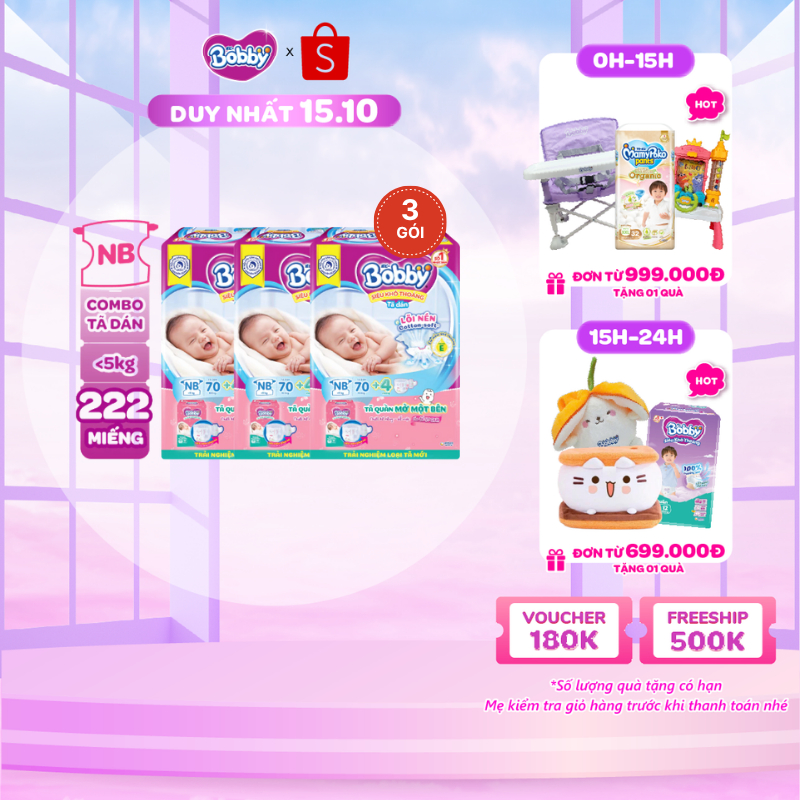 Combo 3 tã dán sơ sinh Bobby NB70/S54/M46 mới- Lõi nén cotton-soft 3mm