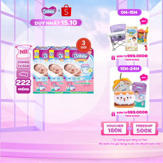 Combo 3 tã dán sơ sinh Bobby NB70/S54/M46 mới- Lõi nén cotton-soft 3mm