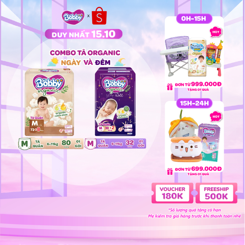 [Combo2]Tã/Bỉm quần Bobby Organic Ngày&Đêm chăm sóc dịu nhẹ khô thoáng từ thiên nhiên size M/L/XL/XXL/XXXLcho bé6kg-35kg