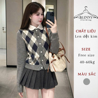  Áo khoác len cardigan họa tiết kẻ caro MUNNY CLOTHING áo len nữ cổ tròn dài tay thu đông MN2 