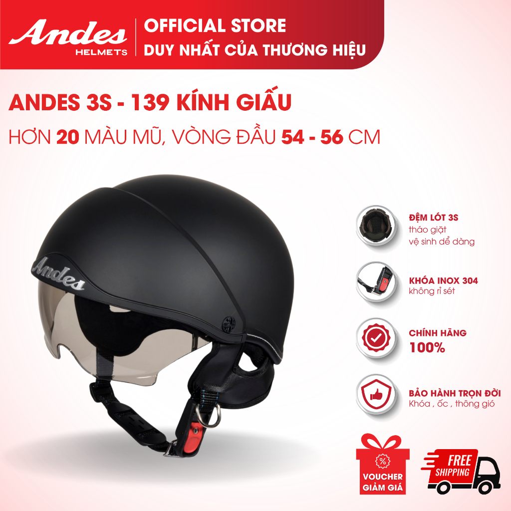   Official  Mũ Bảo Hiểm Andes 3S-139,Kiểu Nửa Đầu Có Kính Giấu  Ẩn  Bên Trong Nón,Nhiều Màu Sắc 