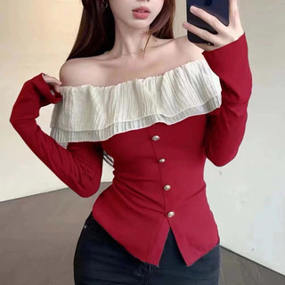 BARE_ Áo Thun Dài Tay Trễ Vai Phối Bèo Tay Loe Nút Ngọc Chất Thun Gân Tăm Phong Cách Hàn Quốc- A251