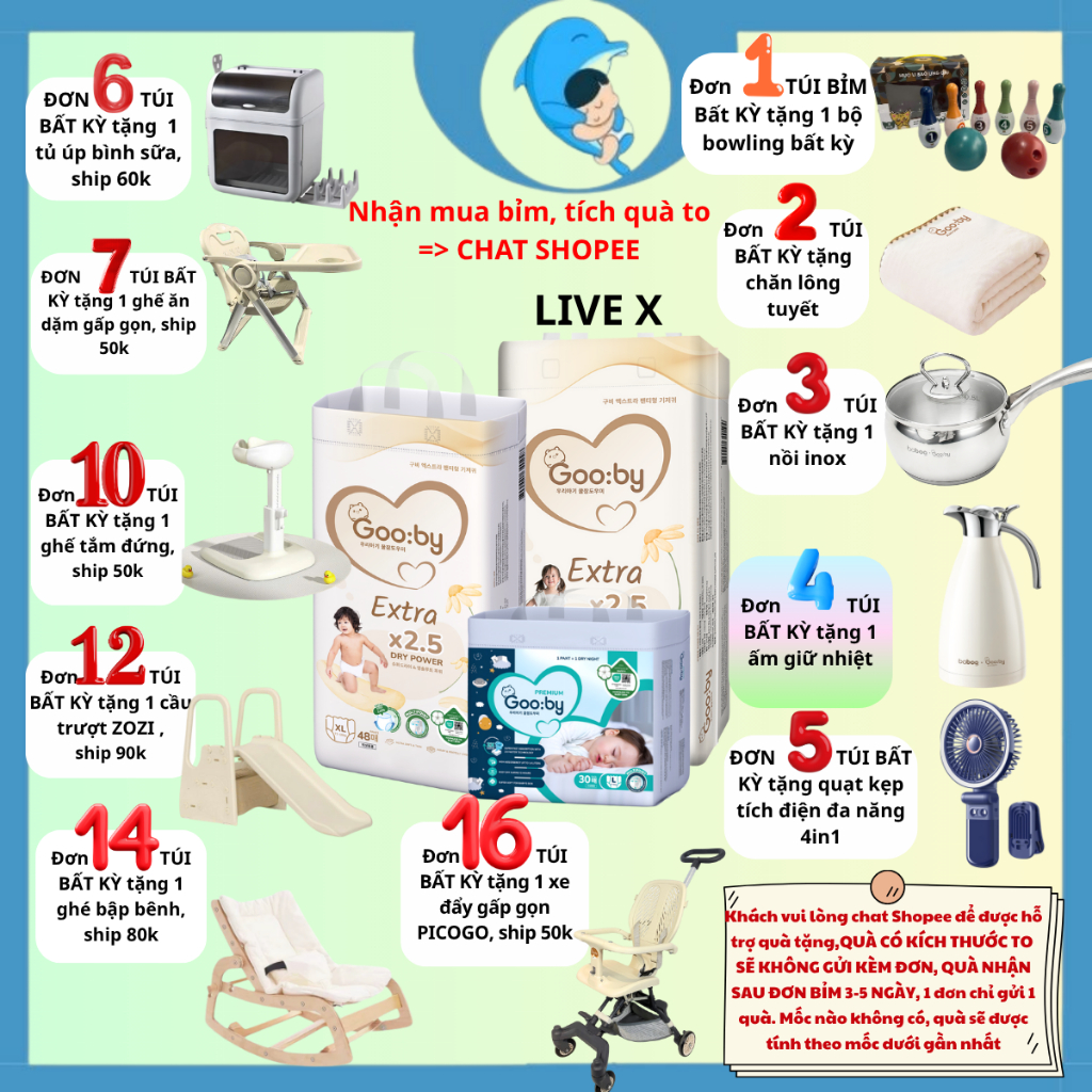 [SP có voucher Live X]Tã/Bỉm quần/dán Gooby Extra/ Premium size NB66/S52/M48/M58/L52/XL50/2XL46 MECAHEO