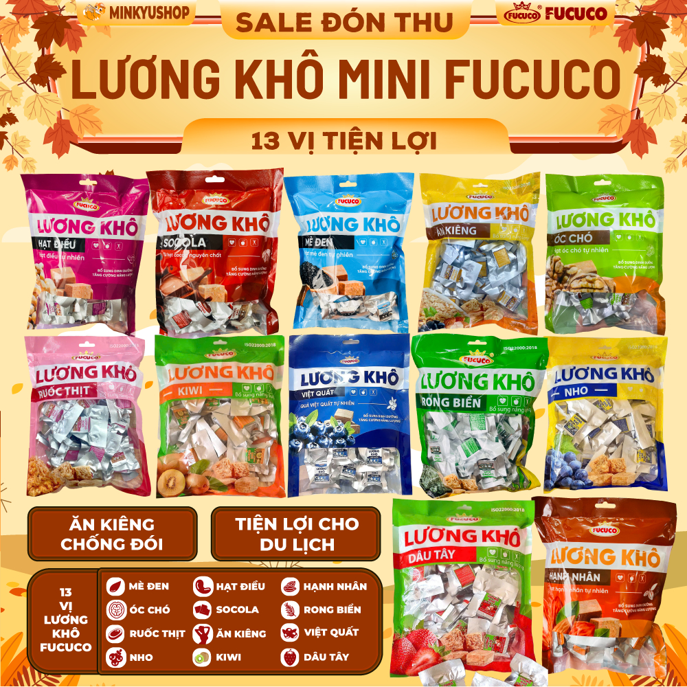 [Combo 2 Gói 90k] Lương Khô Mini Fucuco 13 Vị Chính hãng Túi 370g  HSD 8/2026 Ăn Kiêng, Tiện Lợi