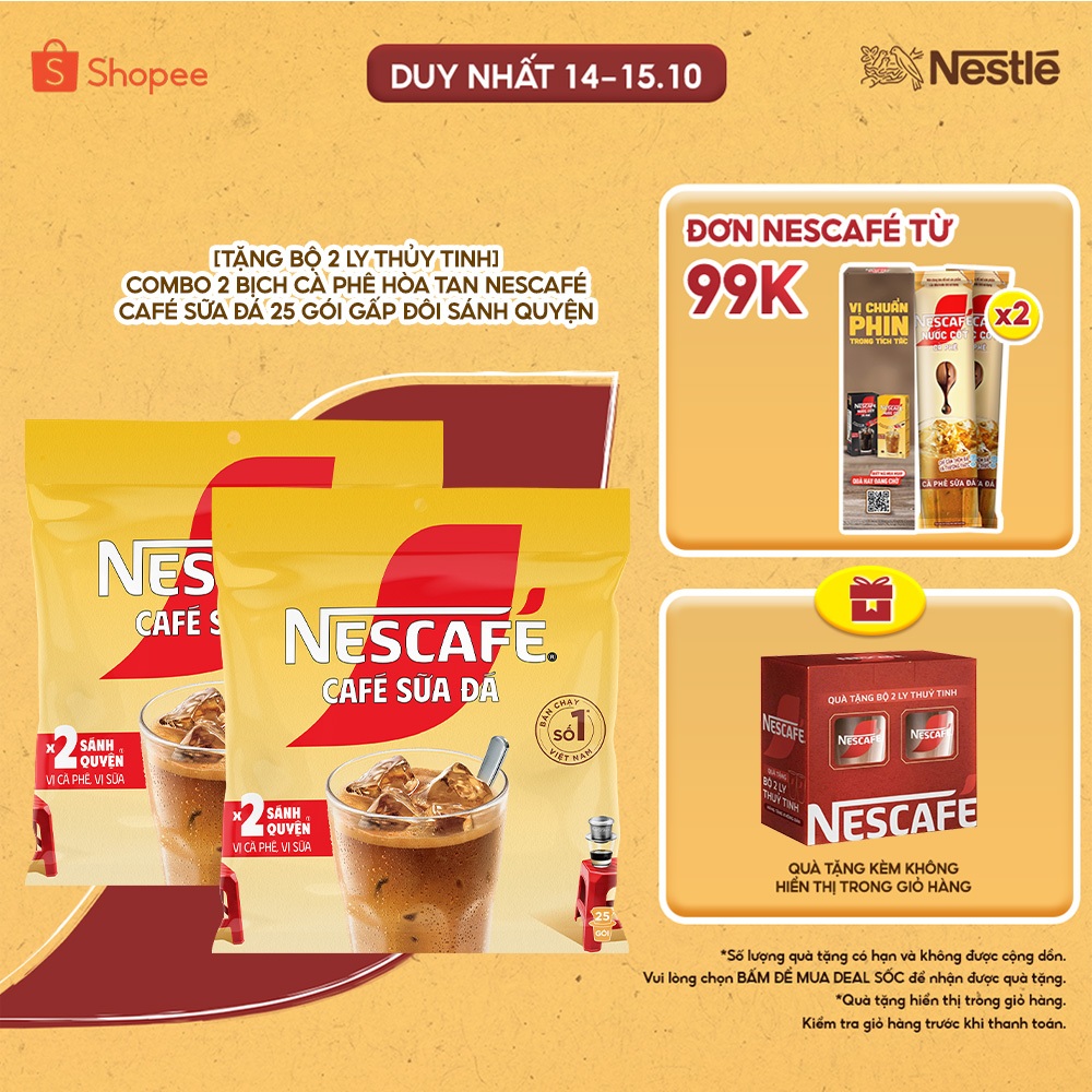 [Tặng Bộ 2 ly thủy tinh] Combo 2 Bịch Cà phê Hòa tan NESCAFÉ CAFÉ SỮA ĐÁ 25 gói Gấp đôi sánh quyện