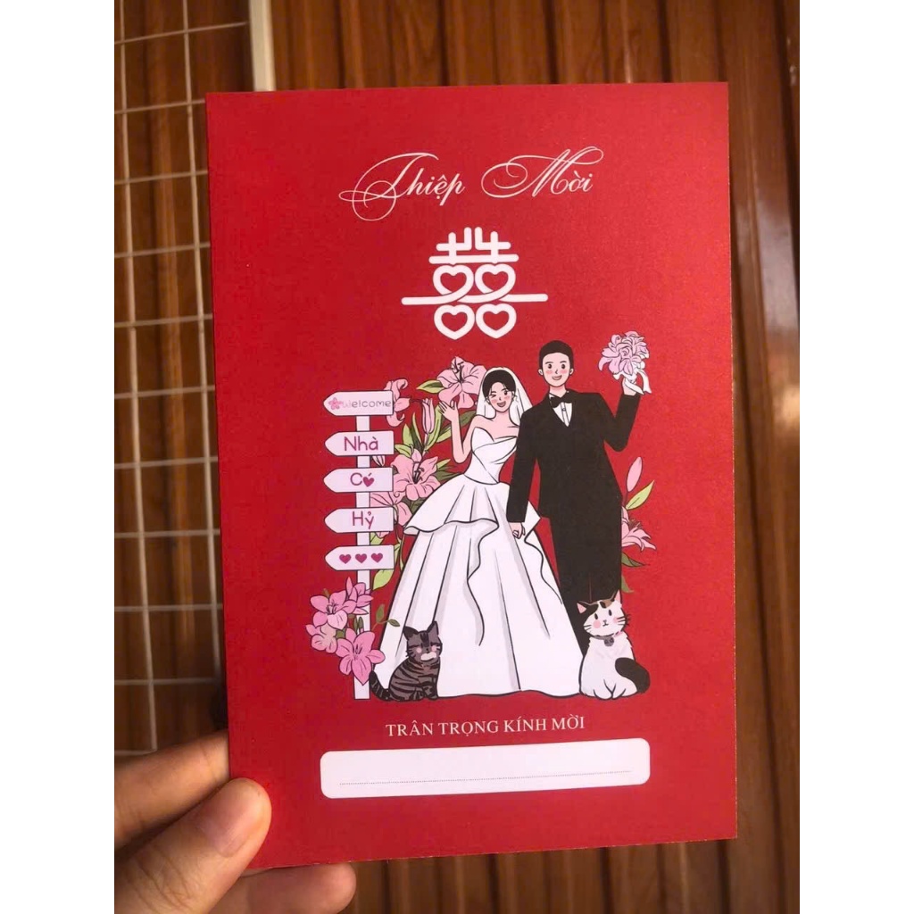 Combo 100 ruột thiệp gập đôi tông màu đỏ hình chibi dâu rể, thiệp cưới đẹp, mẫu mới 2025, in đầy đủ 