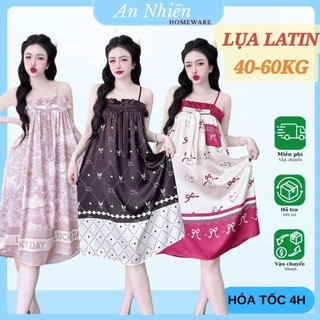  Đồ ngủ nữ 40-60kg Đầm váy ngủ 2 dây xếp ly lụa latin siêu mềm mịn mát in họa tiết dễ thương 