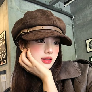  Mũ bát giác da lộn mũ nồi lưỡi trai da lộn đai khoá phong cách Retro Hàn Quốc mũ nồi đa năng cho bạn gái - Nalita shop 