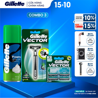 Combo Dao Cạo Râu GILLETTE Vector 1UP Hộp 1 Cái + Lưỡi Dao Vector Hộp 4 Lưỡi+ Bọt Cạo Râu Gillette Hương Chanh Chai 175g