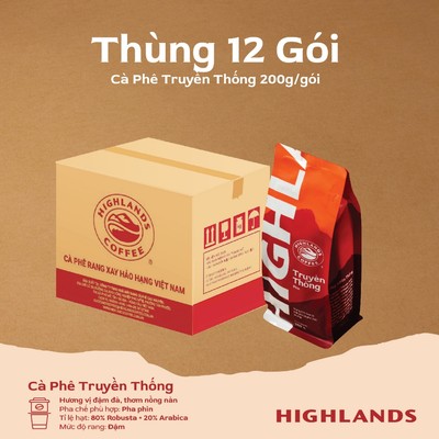 Thùng 12 gói Cà Phê Rang Xay Truyền Thống Highlands Coffee 200g