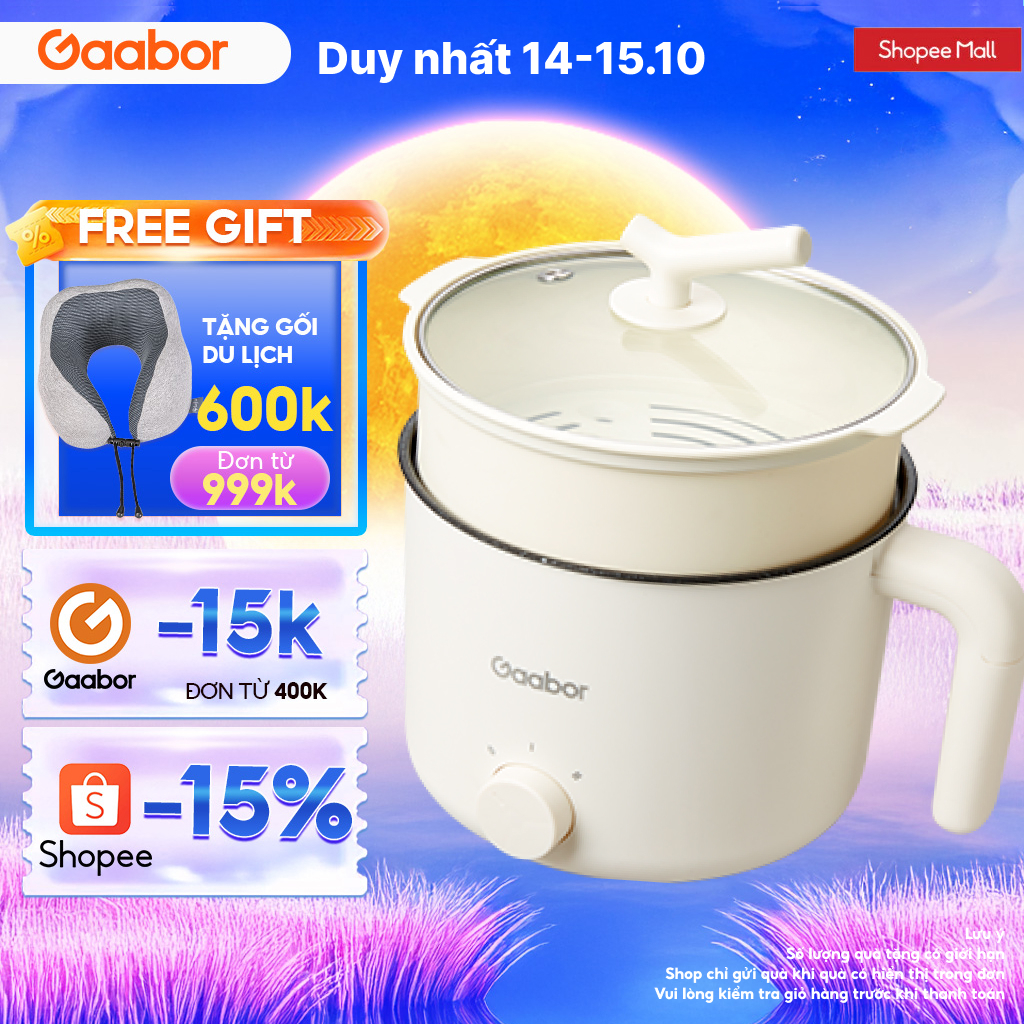 Nồi điện đa năng Gaabor GR-N15A lẩu điện 1.5L chống dính công suất 600W ăn mì nấu lẩu kèm xửng hấp