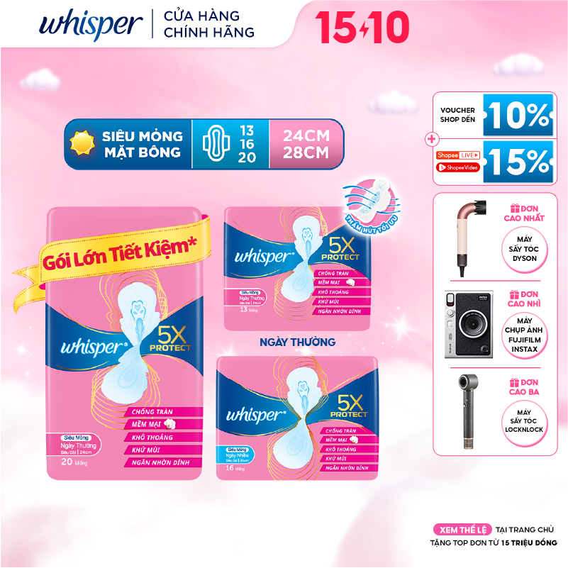 Băng Vệ Sinh WHISPER 5X Bảo Vệ Mặt Bông Siêu Mỏng Cho Ngày Thường Và Ngày Nhiều Khô Thoáng Gói 20 Miếng/16 Miếng/13Miếng