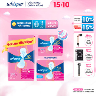 Băng Vệ Sinh WHISPER 5X Bảo Vệ Mặt Bông Siêu Mỏng Cho Ngày Thường Và Ngày Nhiều Khô Thoáng Gói 20 Miếng/16 Miếng/13Miếng
