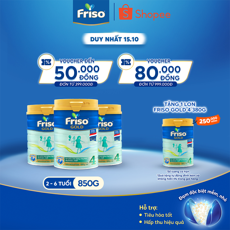 [Tặng 1 Lon Friso Gold 4 380G] Combo 3 Lon Sữa Bột Friso Gold 4 850g/lon