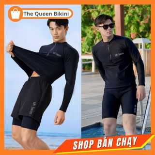 Đồ bơi nam Size M - 3XL đi biển màu đen Mr Swim áo dài tay & ngắn tay phối khóa kéo kín đáo quần đùi 2 lớp thể thao 039