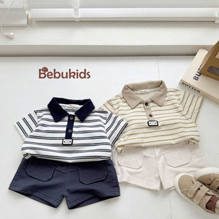  Bộ quần áo cộc tay Bebukids cho bé trai họa tiết kẻ sọc Phong cách Hàn Quốc 