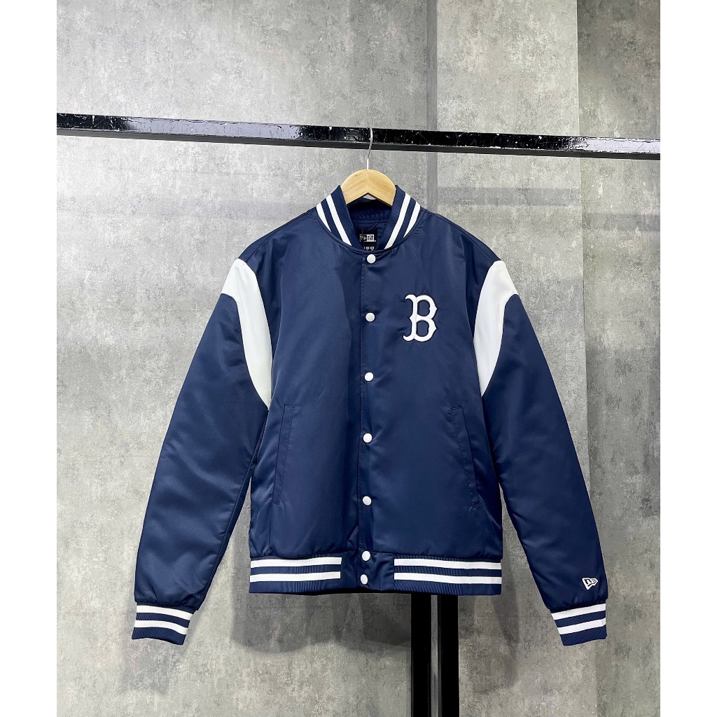 [ CHÍNH HÃNG ]  Áo Khoác Bomber New Era x MLB Boston Logo Thêu Vải Dù Lót Bông Màu Navy Viền Trắng C