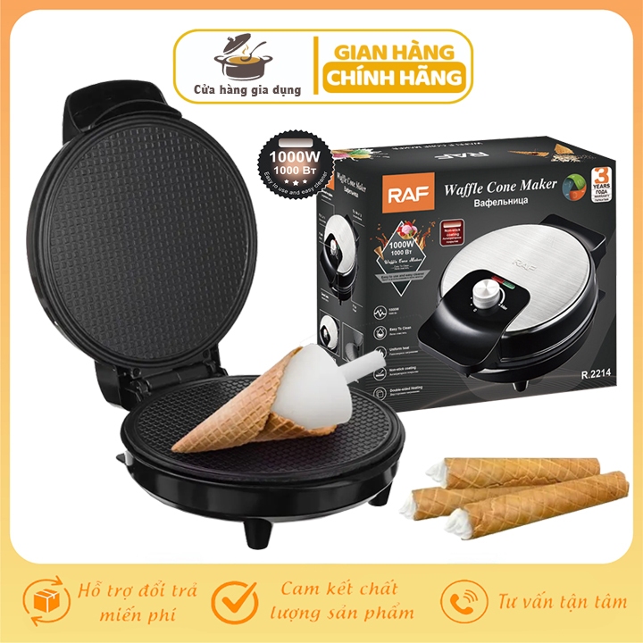 Máy làm bánh ốc quế, nương bánh quế cuộn RAF 1000W có chỉnh nhiệt, nóng đều 2 mặt [BH 12 Tháng]