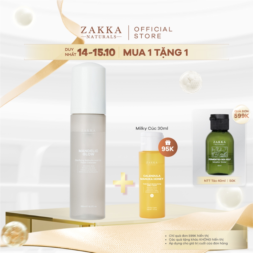 Sữa rửa mặt tạo bọt BHA, AHA Mandelic Glow Zakka Naturals 185ml