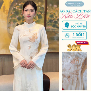  Áo dài thiết kế Mason Khang “Kiều Liên” Dáng xuông kem be thêu hoa sen sang trọng cho nữ 