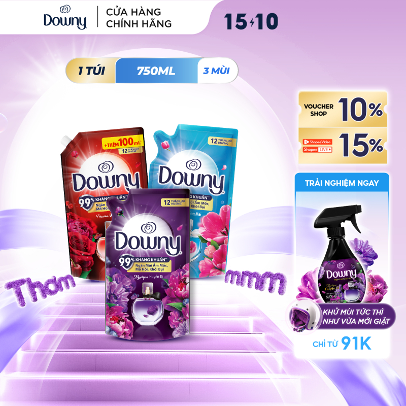 Nước Xả Vải DOWNY Nước Hoa Cao Cấp/ Chống Khuẩn Hương Nắng Mai/ Đam Mê/ Huyền Bí Túi 800ml/750ml