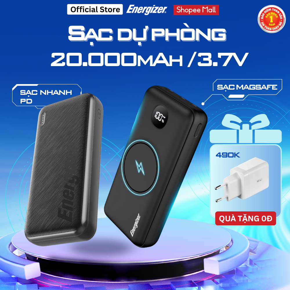 Pin sạc dự phòng cao cấp Energizer 20000mAh/ 22.5W-35W chính hãng sạc nhanh 3 cổng sạc ra tiện lợi