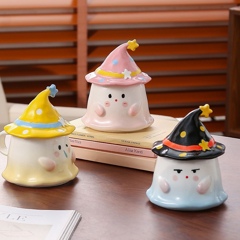 Ly Sứ Hình Me Dễ Thương Đội Nón Phù Thủy – Cốc Uống Trà/Cà Phê Có Nắp, Decor Bàn, Quà Tặng Cute