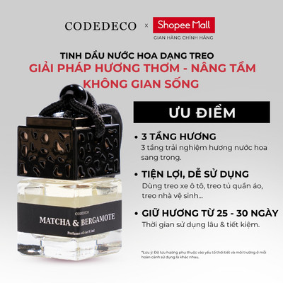Tinh dầu nước hoa dạng treo CODEDECO Matcha & Bergamote 8ml từ trà và hoa quả, treo xe tô tô, nhà vệ sinh, tủ quần áo