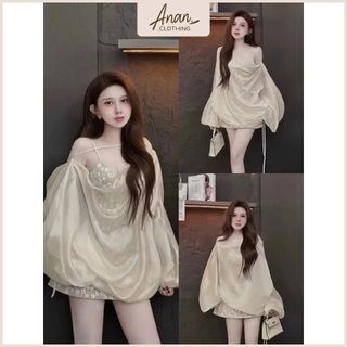   Set 3 Món  Váy Jum Thêu Ren Hoa Phối Áo Choàng Ngoài Voan Tơ Sang Chảnh Tiểu Thư Kèm Quần Ananclothing 
