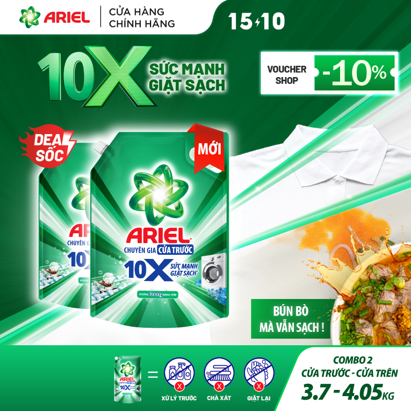 Combo 2 Nước Giặt Gel ARIEL 10X Sức Mạnh Giặt Sạch Chuyên Gia Cửa Trước-Cửa Trên Hương Downy Nắng Sớm Túi 3.7KG/ 4.05KG