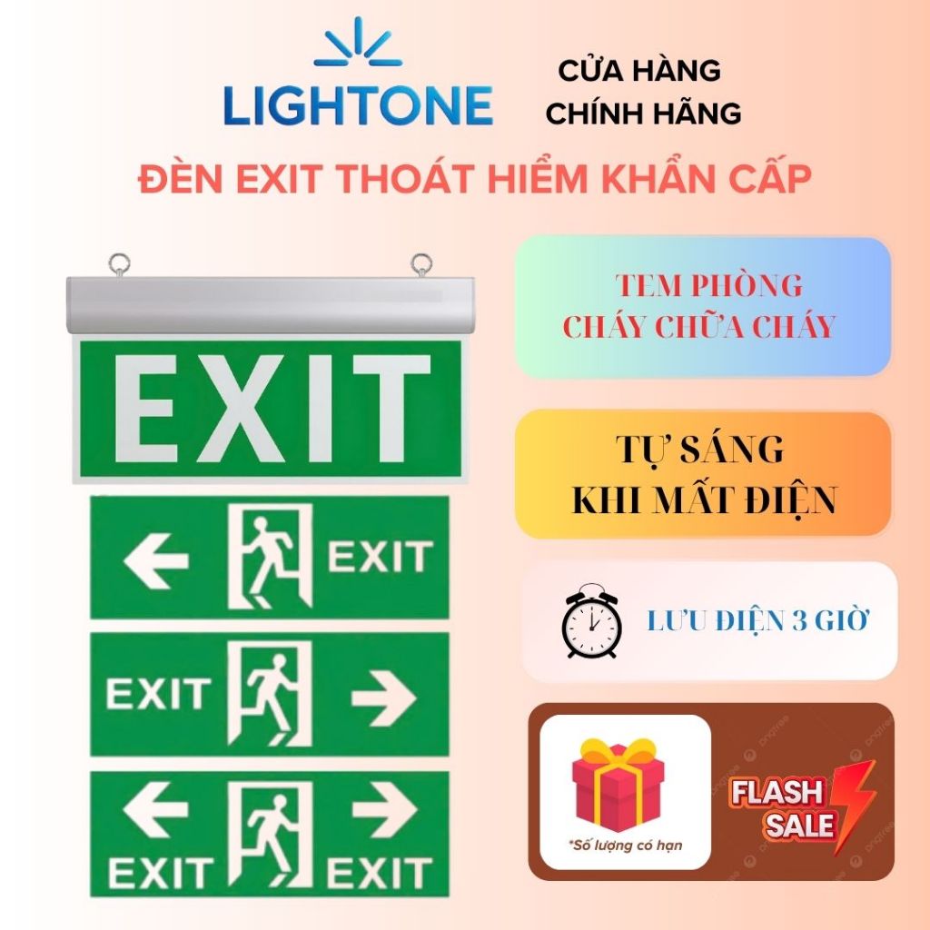 Đèn EXIT 2 mặt LIGHTONE lối thoát hiểm LED tự sáng khi mất điện lưu điện 3h có tem PCCC
