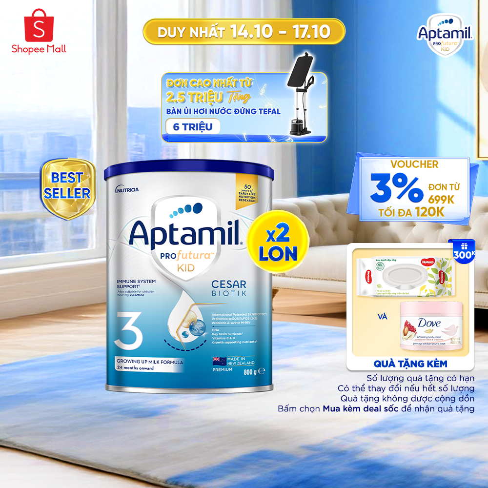 [Aptamil x KOL] Combo 2 Sữa bột Aptamil Profutura Kid Cesarbiotik New Zealand số 3 (800g) cho bé từ 24 tháng