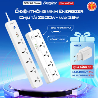 Ổ điện đa năng Energizer 5AC kèm 3USB-A và 1USB-C sạc nhanh PD 20W/38W - Chính hãng, Bảo hành 1 năm