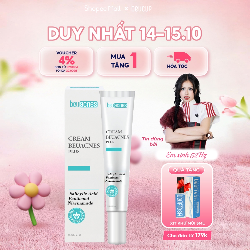 Kem giảm mụn nhanh 24h BEUACNES PLUS mụn trứng cá, chiết xuất rau má, hỗ trợ mờ thâm mụn 15g