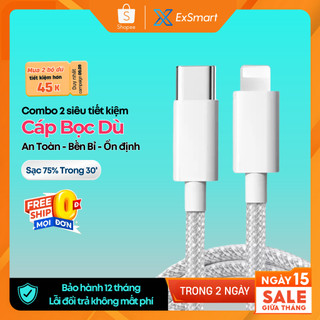  Dây sạc nhanh 20W exsmart bọc dù thế hệ mới đầu chống gãy gập công nghệ PD An Toàn   Combo 2  